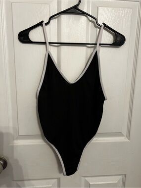 Black V-Neck Bodysuit with White Trim
